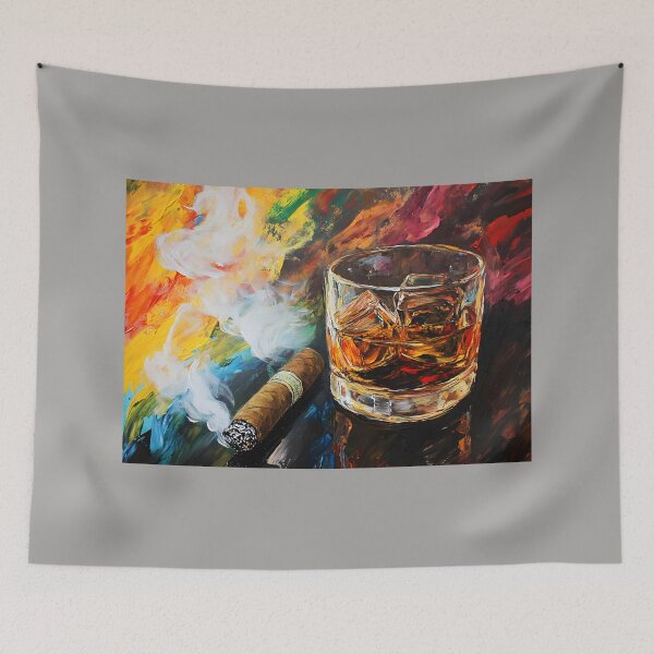 Item preview, Glass of Whiskey with Ice and Smoking Cigar Against Swirling, Vibrant Colors, Abstract Art Generative AI designed and sold by OlfactoART Studio.