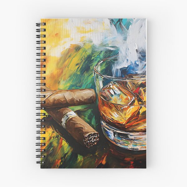 Artikelvorschau, Whiskyglas mit Eis und wirbelndem Zigarrenrauch, kontrastierende Farbtöne von Wärme und Kühle, abstrakte Kunst, KI-generiert entworfen und verkauft von OlfactoART Studio.