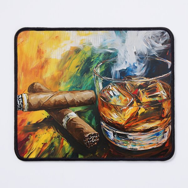 Item preview, Whiskey Glass with Ice and Swirling Smoke from Cigars, Contrasting Hues of Warmth and Coolness Abstract Art AI Generated designed and sold by OlfactoART Studio.