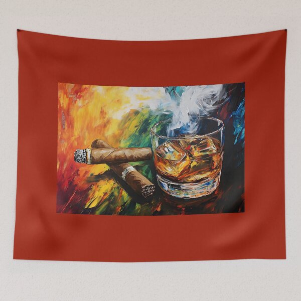 Artikelvorschau, Whiskyglas mit Eis und wirbelndem Zigarrenrauch, kontrastierende Farbtöne von Wärme und Kühle, abstrakte Kunst, KI-generiert entworfen und verkauft von OlfactoART Studio.