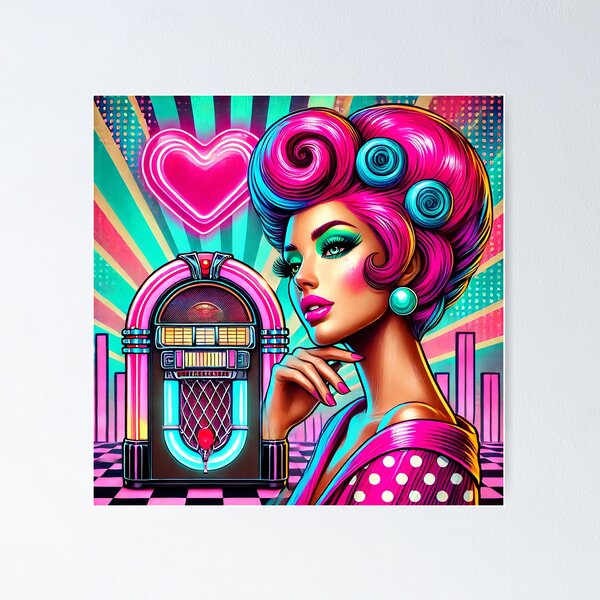 Poster Rétro Années 80 Diner Neon Jukebox - Impression Murale 36x36 Cm, Toile Multicolore