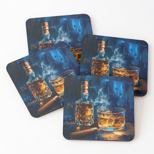 Item preview, Abstract Whiskey with Glass and Cigar on Dark Surface, Contrasting Amber and Blue Tones Digital Art designed and sold by OlfactoART Studio.