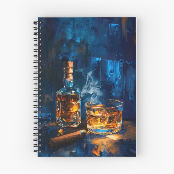 Item preview, Abstract Whiskey with Glass and Cigar on Dark Surface, Contrasting Amber and Blue Tones Digital Art designed and sold by OlfactoART Studio.