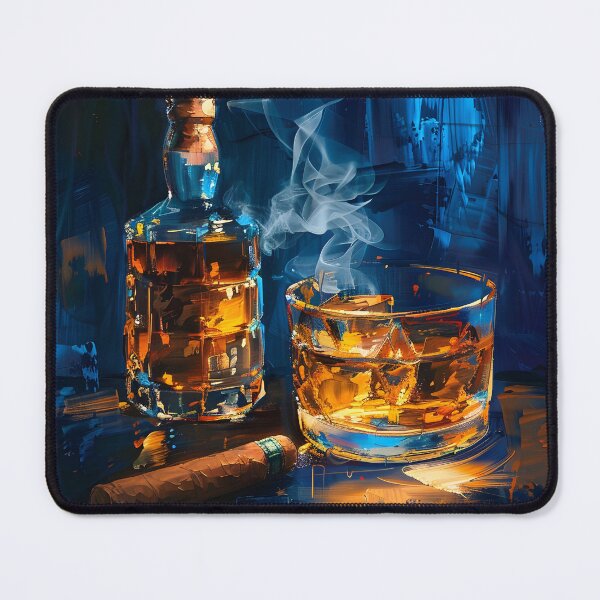 Aperçu de l'œuvre Whisky abstrait avec verre et cigare sur surface sombre, tons ambrés et bleus contrastés Art numérique créée et vendue par OlfactoART Studio.