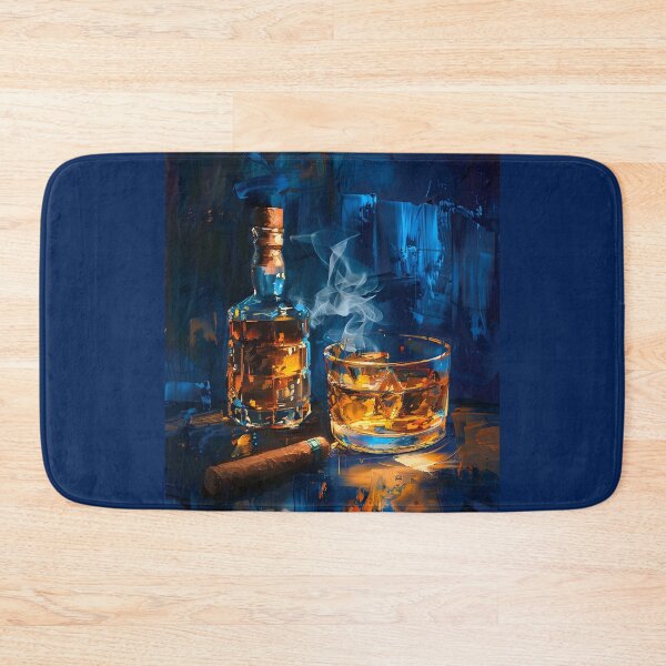 Item preview, Abstract Whiskey with Glass and Cigar on Dark Surface, Contrasting Amber and Blue Tones Digital Art designed and sold by OlfactoART Studio.