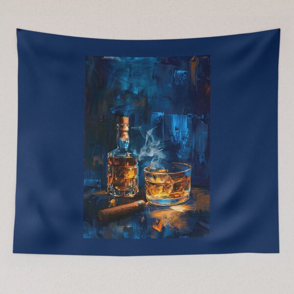 Item preview, Abstract Whiskey with Glass and Cigar on Dark Surface, Contrasting Amber and Blue Tones Digital Art designed and sold by OlfactoART Studio.