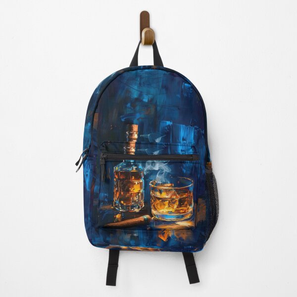 Item preview, Abstract Whiskey with Glass and Cigar on Dark Surface, Contrasting Amber and Blue Tones Digital Art designed and sold by OlfactoART Studio.