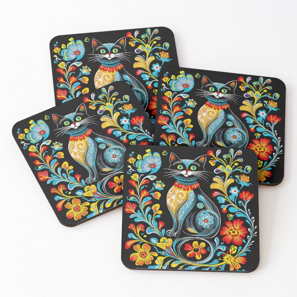 Artikelvorschau, Volkskunst schwarze Katze Malerei mit floralen Filigranmuster entworfen und verkauft von CoffeeAfterDark.