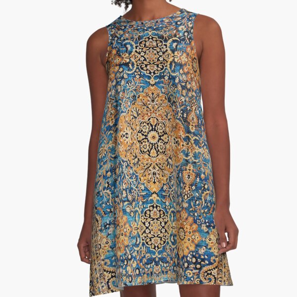 Antique Blue Persian Kirman Rug Print A-Line Dress