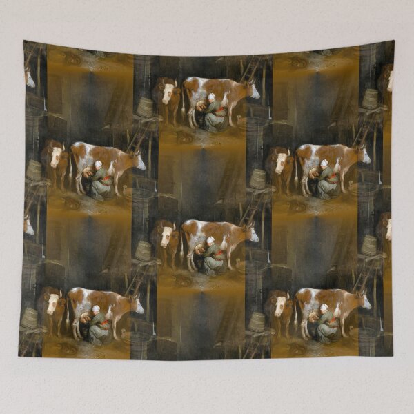 Item preview, Farm Life, Milking Cows in a Barn Painting designed and sold by kristalcurt.