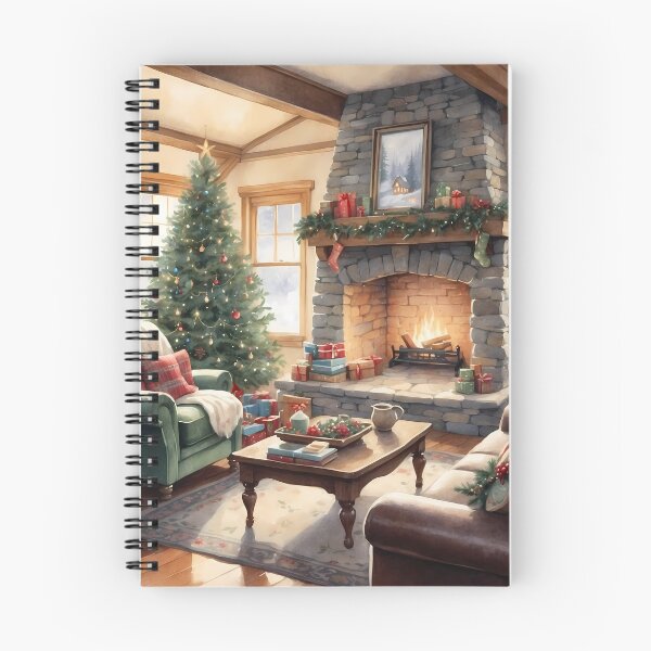 Item preview, Cozy living room decorated for Christmas with a tree and presents beside a crackling fireplace in a warm setting designed and sold by sandrawarty.