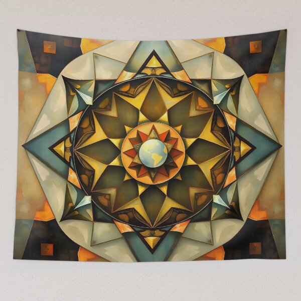 Item preview, Celestial Compass - Geometric Mandala with Earth Centerpiece designed and sold by ArtPrintsUSA.