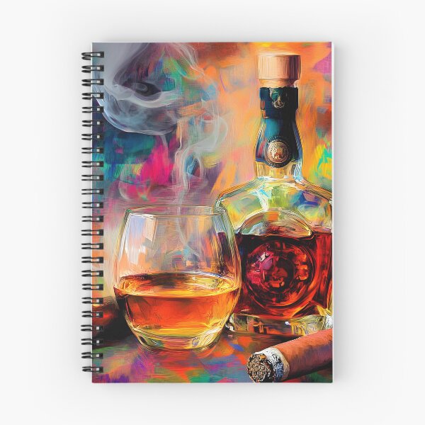 Item preview, Whiskey Glass and Bottle Surrounded by Cigars in a Lively Colorful Background Abstract Digital AI Art designed and sold by OlfactoART Studio.