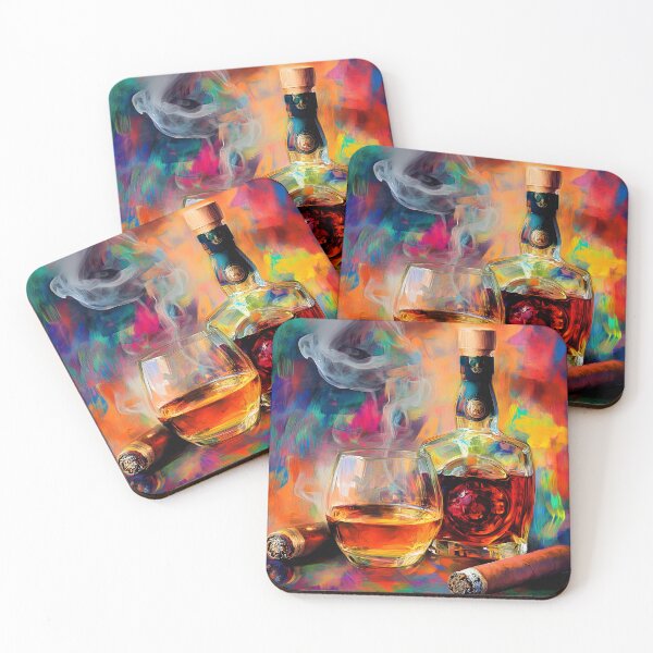 Item preview, Whiskey Glass and Bottle Surrounded by Cigars in a Lively Colorful Background Abstract Digital AI Art designed and sold by OlfactoART Studio.