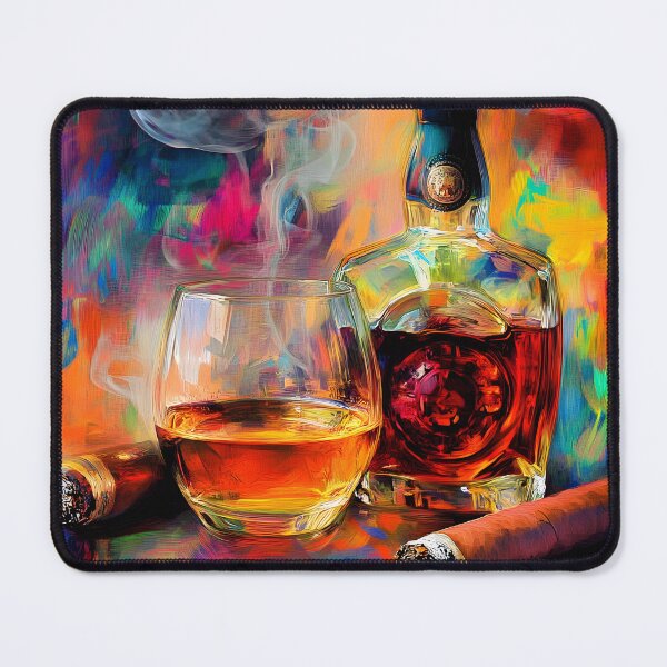 Item preview, Whiskey Glass and Bottle Surrounded by Cigars in a Lively Colorful Background Abstract Digital AI Art designed and sold by OlfactoART Studio.