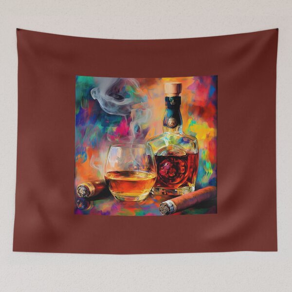 Item preview, Whiskey Glass and Bottle Surrounded by Cigars in a Lively Colorful Background Abstract Digital AI Art designed and sold by OlfactoART Studio.