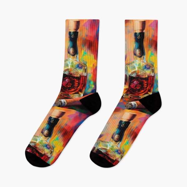 Item preview, Whiskey Glass and Bottle Surrounded by Cigars in a Lively Colorful Background Abstract Digital AI Art designed and sold by OlfactoART Studio.