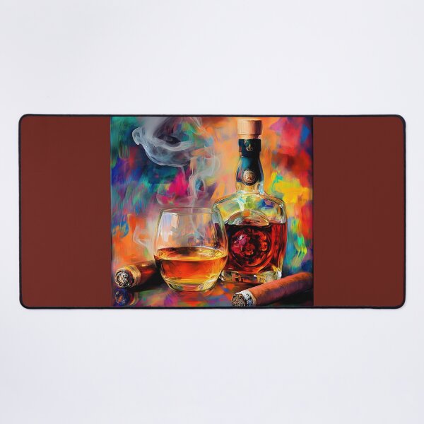 Item preview, Whiskey Glass and Bottle Surrounded by Cigars in a Lively Colorful Background Abstract Digital AI Art designed and sold by OlfactoART Studio.