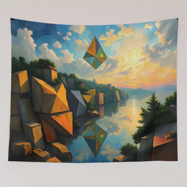 Item preview, Floating Geometry - Surreal Lakeside Landscape designed and sold by ArtPrintsUSA.
