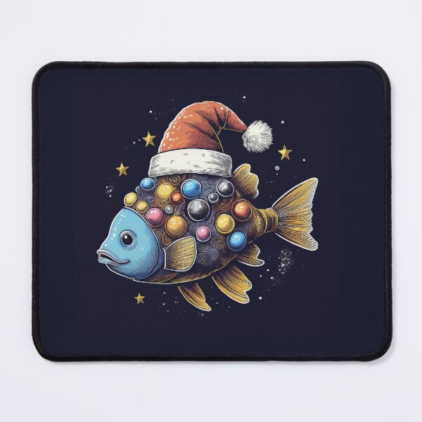 Item preview, Whimsical Santa Hat Fish | Blue and Gold Fish with Colorful Ornaments designed and sold by Farid1Shop.