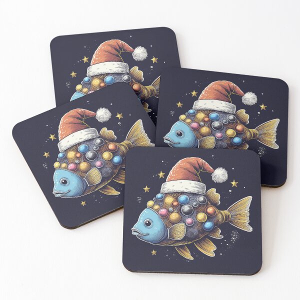 Item preview, Whimsical Santa Hat Fish | Blue and Gold Fish with Colorful Ornaments designed and sold by Farid1Shop.