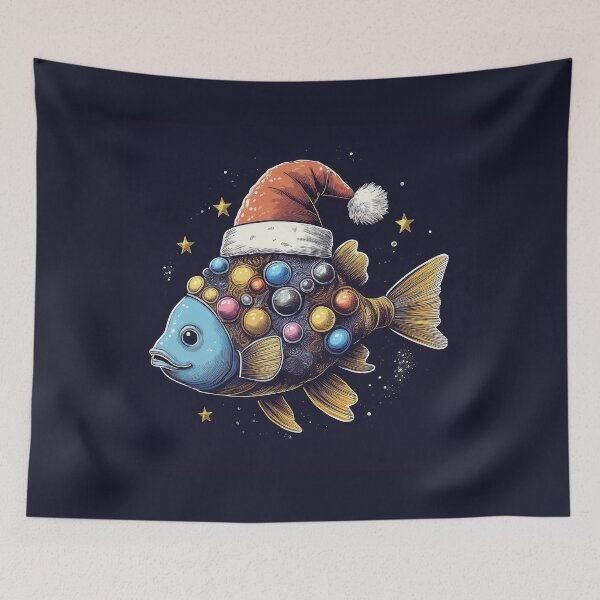 Item preview, Whimsical Santa Hat Fish | Blue and Gold Fish with Colorful Ornaments designed and sold by Farid1Shop.