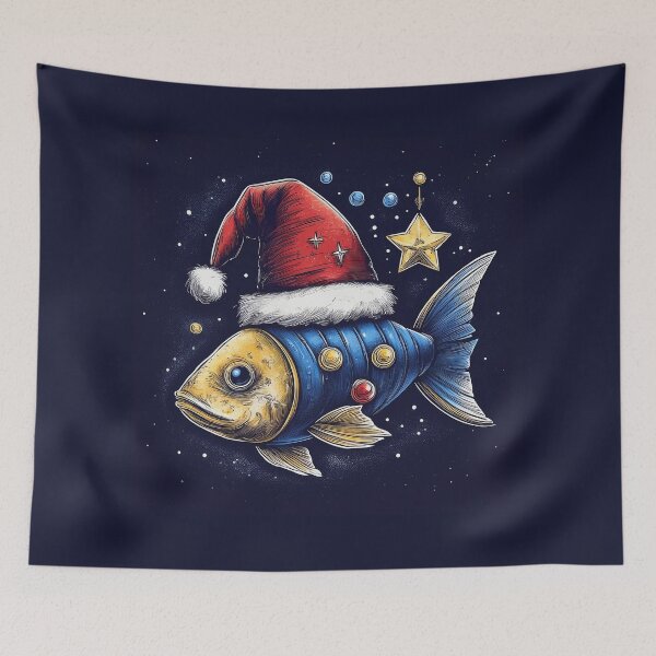 Item preview, Festive Fin: A Whimsical Blue and Gold Fish in a Santa Hat designed and sold by Farid1Shop.