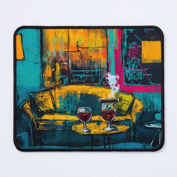 Artikelvorschau, Gemütliches Cigar Lounge Interieur mit lebendigen Farben und warmem Ambiente Digitale Kunst KI generiert entworfen und verkauft von OlfactoART Studio.
