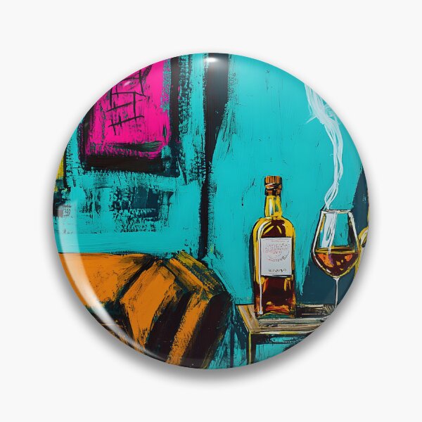 Artikelvorschau, Lebendige Zigarrenlounge-Szene mit orangefarbener Couch und farbenfrohen abstrakten Formen, digitale KI-Kunst entworfen und verkauft von OlfactoART Studio.