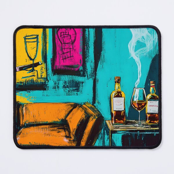 Artikelvorschau, Lebendige Zigarrenlounge-Szene mit orangefarbener Couch und farbenfrohen abstrakten Formen, digitale KI-Kunst entworfen und verkauft von OlfactoART Studio.