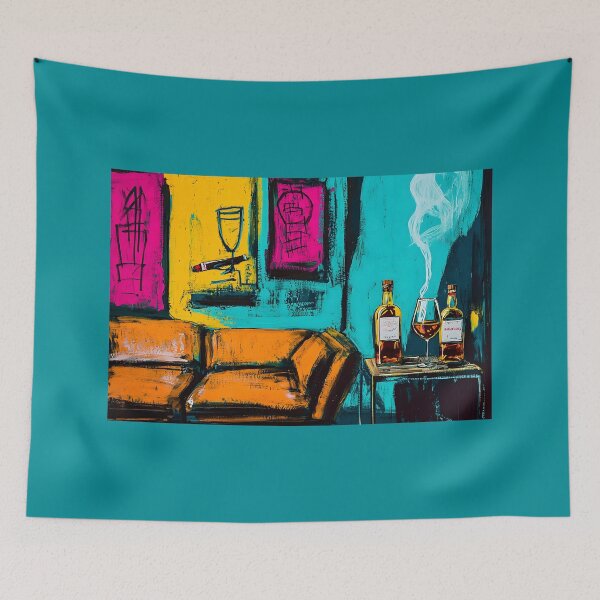 Artikelvorschau, Lebendige Zigarrenlounge-Szene mit orangefarbener Couch und farbenfrohen abstrakten Formen, digitale KI-Kunst entworfen und verkauft von OlfactoART Studio.