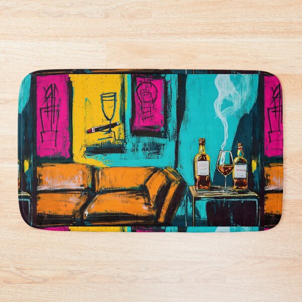 Artikelvorschau, Lebendige Zigarrenlounge-Szene mit orangefarbener Couch und farbenfrohen abstrakten Formen, digitale KI-Kunst entworfen und verkauft von OlfactoART Studio.