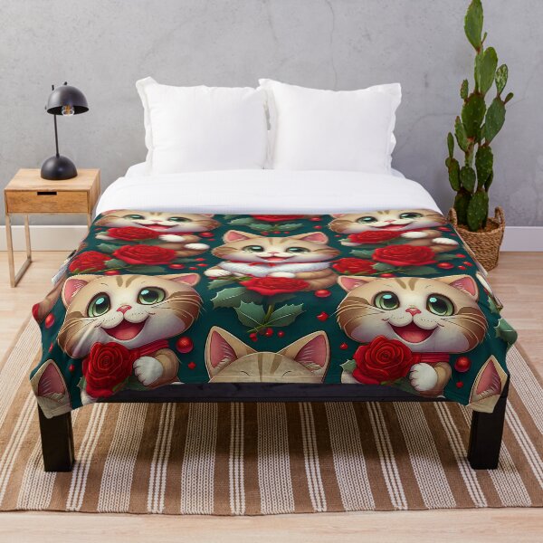 Aperçu de l'œuvre Motif de chaton amusant avec des roses pour Noël, la Saint-Valentin, les anniversaires et toutes les occasions créée et vendue par Camel & Quirk.