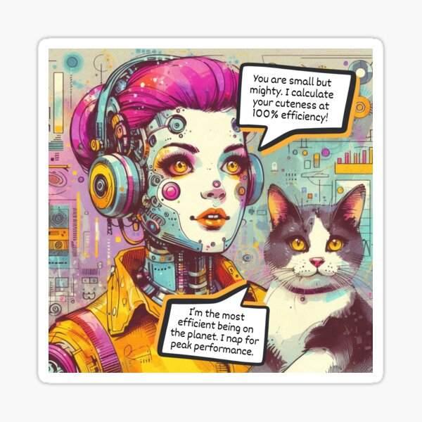 Item preview, Charming Conversation Between Retro-Futuristic Female Robot and Cat Companion designed and sold by Reverie & Roses.