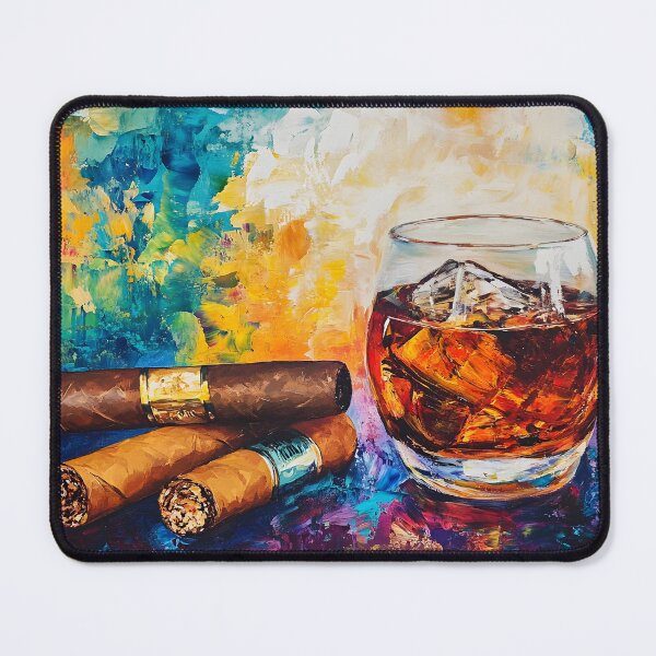 Item preview, Luxurious Glass of Whiskey with Ice and Cigars in Swirling Vibrant Colors, Abstract Art Indulgence designed and sold by OlfactoART Studio.