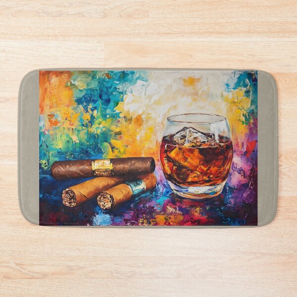 Artikelvorschau, Luxuriöses Glas Whiskey mit Eis und Zigarren in wirbelnden, lebendigen Farben, abstrakter Kunstgenuss entworfen und verkauft von OlfactoART Studio.