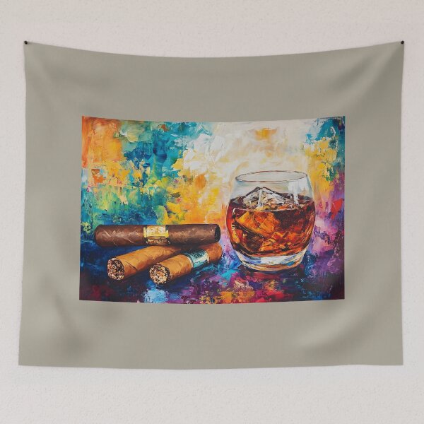 Artikelvorschau, Luxuriöses Glas Whiskey mit Eis und Zigarren in wirbelnden, lebendigen Farben, abstrakter Kunstgenuss entworfen und verkauft von OlfactoART Studio.