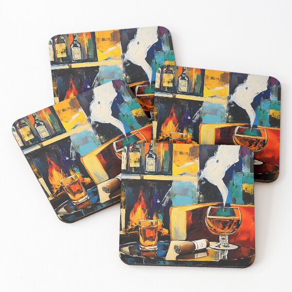 Artikelvorschau, Gemütliche Zigarrenlounge mit einem Glas Schnaps und einem warmen Kamin Digitale abstrakte Kunst KI generiert entworfen und verkauft von OlfactoART Studio.