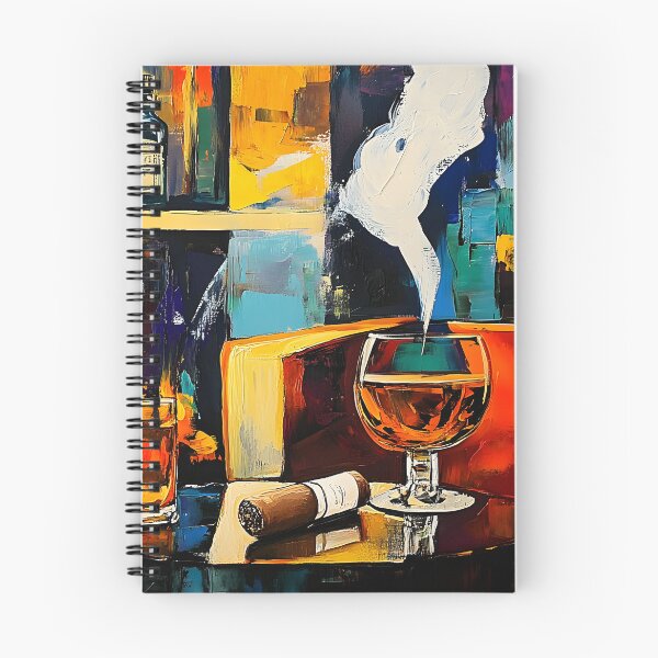 Artikelvorschau, Gemütliche Zigarrenlounge mit einem Glas Schnaps und einem warmen Kamin Digitale abstrakte Kunst KI generiert entworfen und verkauft von OlfactoART Studio.