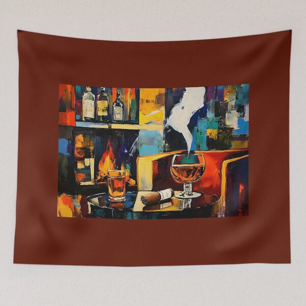 Item preview, Acogedor salón de puros con copa de licor y una cálida chimenea Arte abstracto digital generado por IA designed and sold by OlfactoART Studio.