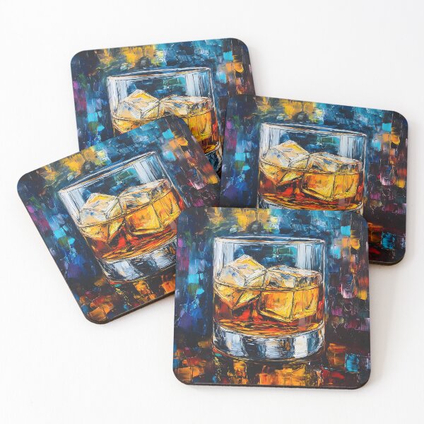 Item preview, Abstract Depiction of Whiskey with Ice Cubes Against a Vibrant Multicolored Backdrop Digital AI Art designed and sold by OlfactoART Studio.