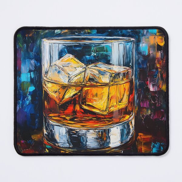 Item preview, Abstract Depiction of Whiskey with Ice Cubes Against a Vibrant Multicolored Backdrop Digital AI Art designed and sold by OlfactoART Studio.