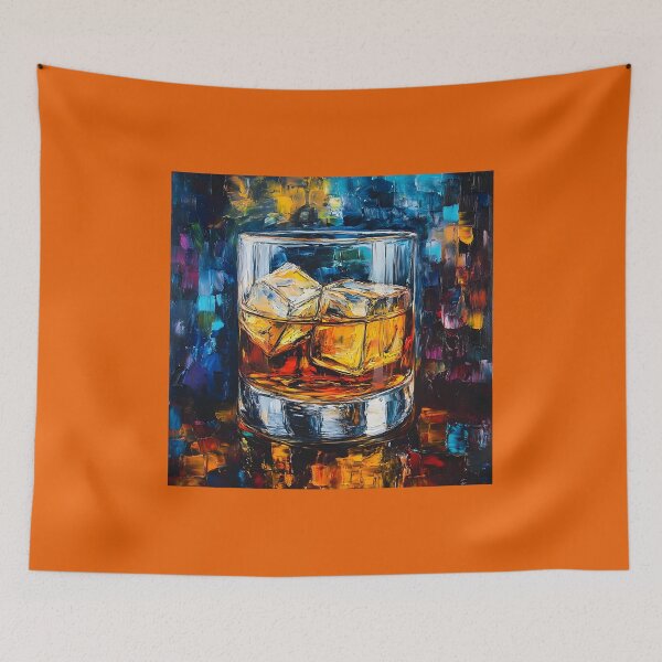 Item preview, Abstract Depiction of Whiskey with Ice Cubes Against a Vibrant Multicolored Backdrop Digital AI Art designed and sold by OlfactoART Studio.