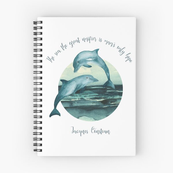 Item preview, Illustration of two dolphins in the sea painted in watercolor with the phrase by Jacques Cousteau, "The sea, the great unifier, is man's only hope." designed and sold by Marina Braga  Artista en acuarela y diseñadora gráfica.