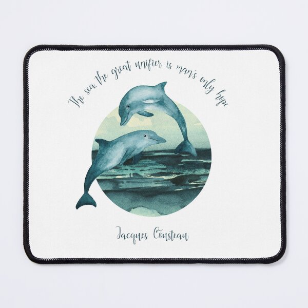 Item preview, Illustration of two dolphins in the sea painted in watercolor with the phrase by Jacques Cousteau, "The sea, the great unifier, is man's only hope." designed and sold by Marina Braga Artista en acuarela y diseñadora gráfica.