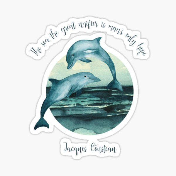 Artikel-Vorschau von Illustration von zwei Delfinen im Meer, in Aquarell gemalt mit dem Satz von Jacques Cousteau: „Das Meer, der große Vereiniger ist die einzige Hoffnung des Menschen“, designt und verkauft von Marina Braga  Artista en acuarela y diseñadora gráfica.