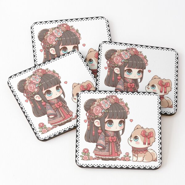 Item preview, Chibi Girl and Cute Dog Floral Art, Kawaii Style Girl and Puppy Illustration designed and sold by LWOI.