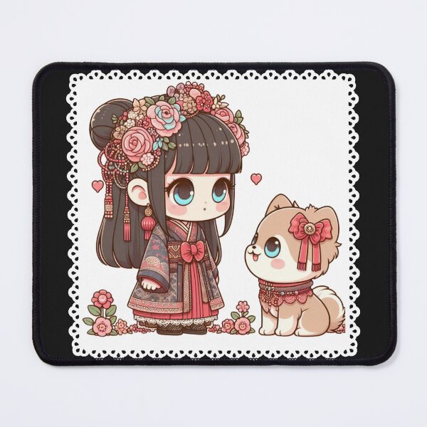 Item preview, Chibi Girl and Cute Dog Floral Art, Kawaii Style Girl and Puppy Illustration designed and sold by LWOI.