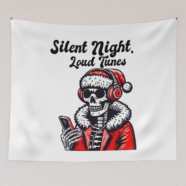 Item preview, creepy scary humor skeleton Santa silent night, loud tunes all night designed and sold by Unbranddigitalart.