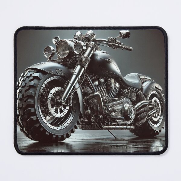 Item preview, A customized black motorcycle with oversized tires and multiple headlights reflecting on a glossy surface. designed and sold by PholPol1959.